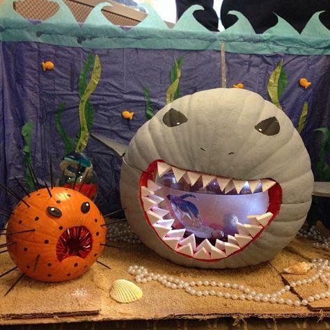 Shark pumpkin! #fish #fishbowl #contestwinner #undertheseapumpkin Fish Tank Pumpkin Decorating, Pumpkin Fish Bowl, Shark Pumpkin Decorating, Shark Pumpkin Carving, Shark Pumpkin, Fish Pumpkin, Pumpkin Fish, Pumpkin Competition, Storybook Pumpkin