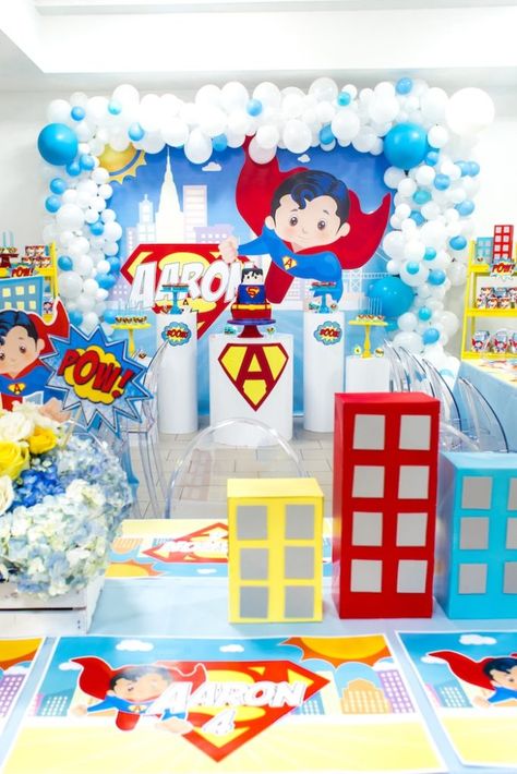 Superman Birthday Party on Kara's Party Ideas | KarasPartyIdeas.com (15) Superman 1st Birthday Party, Superman Backdrop, Superman Party Ideas, Superman Party Decorations, Superman Baby Shower, Superman Birthday Party, Superman Cake, Superman Party, Superheroes Party