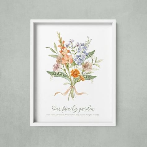 INTRODUCING… The Birth Flower Family Bouquet Art Print! The concept is to commemorate a group of your loved ones - family, grandkids, a friend group - your choice of up to 10 people. I will assemble a custom bouquet art piece using each of your loved one’s birth month flower! A perfect gift for Mom, Dad, Grandma or Grandpa! It’s also a perfect way to celebrate your own family in a unique and untraditional way. A lovely, floral art piece that holds SO much meaning! You can choose up to 10 peo... Moms Garden Birth Flowers, Birth Flower Painting, Family Birth Flower Bouquet, Birth Flower Month, Flower Bouquet Art, Birth Flower Bouquet, Bouquet Art, Flower Gift Ideas, Custom Bouquet