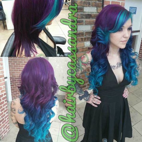 Color and microlink hair extension I did today! Instagram: @hairbycassandra purple and blue with turquoise ends Turquoise And Purple Hair, Purple Teal Hair, Teal And Purple Hair, Ombre Hair Color For Brunettes, Blue And Pink Hair, Blue Ombre Hair, Teal Hair, Turquoise Hair, Hair Dyes