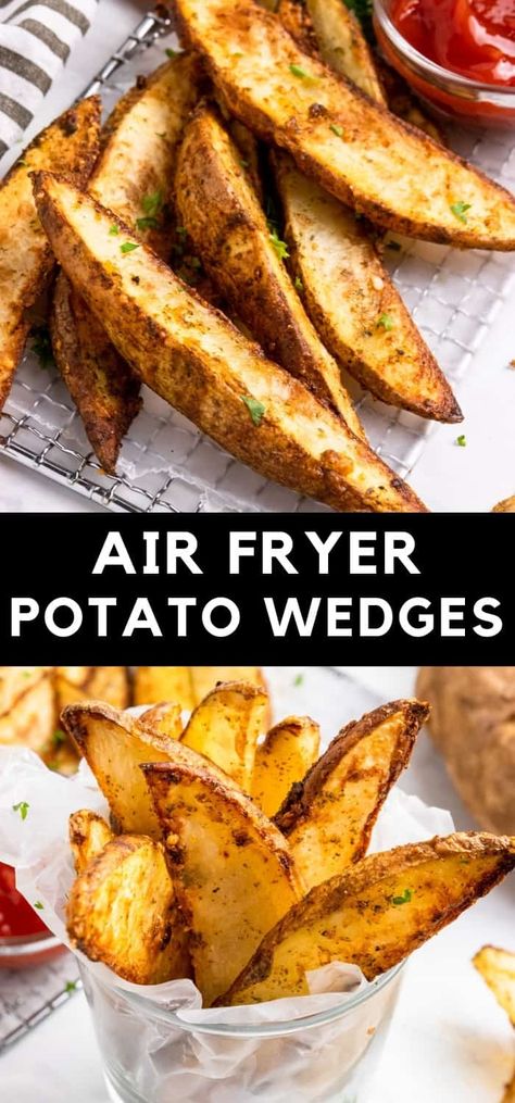 Simple, crispy seasoned potato wedges with plenty of parmesan cook up in under 15 minutes and are the perfect side or snack any time, any season! These Air Fryer Potato Wedges are made for more than just burgers! #airfryer #airfryerpotatoes #airfryerrecipe Airfryer Garlic, Potatoes Wedges, Air Fryer Potato Wedges, Bacon Wrapped Pork Chops, Seasoned Potato Wedges, Parmesan Potato Wedges, Air Fryer Potato, Parmesan Potato, Garlic Parmesan Potatoes