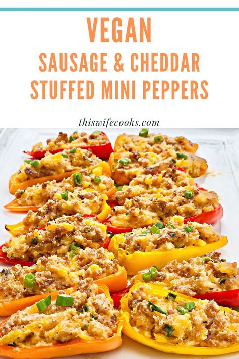 Vegan Sausage and Cheddar Stuffed Mini Peppers | Sweet mini peppers are stuffed with a savory filling of simple ingredients then baked for an easy make-ahead appetizer! These colorful, flavorful crowd-pleasing bites are ready to serve in under 30 minutes! | thiswifecooks.com | #veganappetizers #veganstuffedpeppers #thiswifecooksrecipes via @thiswifecooks Vegan Stuffed Mini Peppers, Stuffed Peppers Appetizer, Sweet Pepper Recipes, Easy Make Ahead Appetizers, Vegan Stuffed Peppers, Vegan Cheddar Cheese, Mini Peppers, Veggie Recipe, Vegan Queso