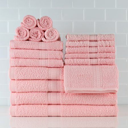 Spa Bathroom Decor, Pink Bathroom Accessories, Striped Bath Towels, Apartment Decorating On A Budget, Pink Room Decor, Pink Towels, Black Towels, Gray Towels, Bath Set