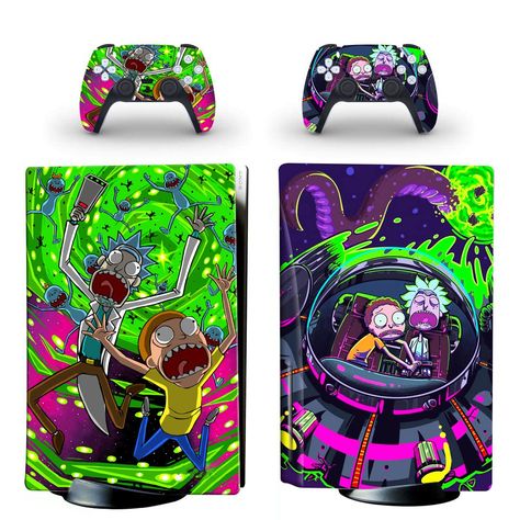 Looking for a really sleek and cool skin for your Playstation 5? This Rick & Morty skin displays a lot of vibrant colors, is scratch free allows for a unique look to your gaming console! Check it out! Ps5 Skin, Custom Consoles, Controller Design, Paper Liner, Playstation 5, Gaming Gear, Decal Design, Rick And Morty, Free Stickers