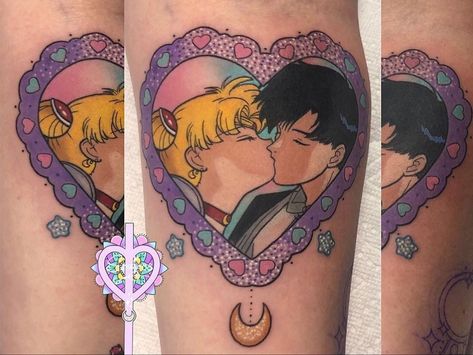 Sailor Moon and Tuxedo Mask kissing tattoo Tuxedo Mask Tattoo, Kissing Tattoo, Usagi Mamoru, Sailor Moon And Tuxedo Mask, Sailor Moon Tattoo, Tuxedo Mask, Mask Tattoo, Anime Lover, Artist On Instagram