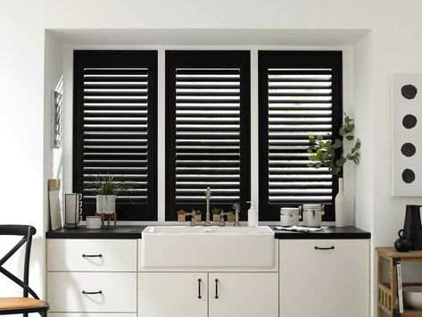 Modern Shutters Indoor, Black Interior Shutters, Shutters Bathroom, 2020 Home Decor Trends, Small Shutters, Traditional Shutters, Black Blinds, Interior Window Shutters, Black Shutters