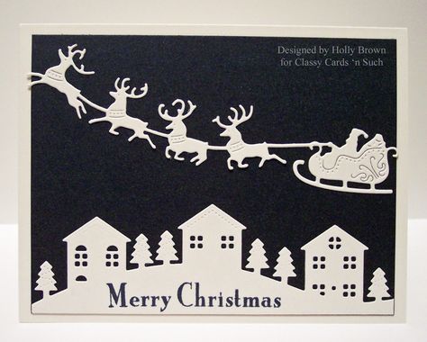 Design by Holly Brown/Started with Cryogen White Curious Metallic cardstock/gorgeous shimmer! Cut one sheet in half to create the Santa's Sleigh and Reindeer Border (Cheery Lynn Designs) and the other half to make the Winter Neighborhood Border (Cheery Lynn Designs). The Neiborhood die can be altered for so many applications such as a Halloween scene or for all of your neighborhood design needs. Love the versatility!!!! Reindeer Christmas Cards, Reindeer Card, Santa Cards, Christmas Sentiments, Christmas Card Inspiration, Christmas Challenge, Homemade Christmas Cards, Santa Sleigh, Christmas Drawing