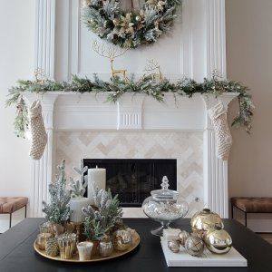 Get the Look: Modern Mantel | Pottery Barn Reindeer Pottery, Marble Bathroom Accessories, White Candle Holders, Candle Pot, Porcelain Candle Holder, Pine Cone Candles, Porcelain Candle, Glass Votive Candle Holders, Mercury Glass Ornaments