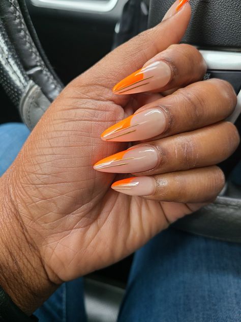 Almond nails, acrylic nails, orange minimalist nails Orange Nail Designs Almond Shape, Orange Minimalist Nails, Orange Outline Nails, Long Almond Nails Designs Fall, Orange Nail Designs Almond, Orange Almond Nails Designs, Orange Nails Almond Shape, Burnt Orange Almond Nails, Orange Almond Acrylic Nails