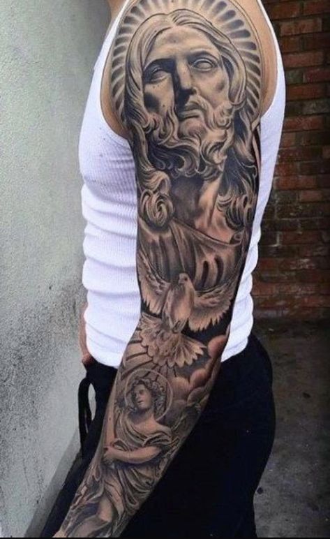 Jesus Tattoo Sleeve, Religious Tattoo Sleeves, Religous Tattoo, Spiritual Icons, Realistic Tattoo Sleeve, Girl Arm Tattoos, Mens Shoulder Tattoo, Forarm Tattoos, Religious Tattoo