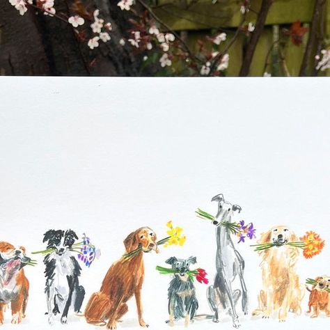 Jenny Bloomfield on Instagram: "🌼🌸 SPRING FLOWERS - New print🌸🌼 Spring is struggling on another dull and rainy day here in the UK - but maybe this new print will brighten your day.  🛒 link to my shop is in my profile 🌎 worldwide shipping available  #dogsofinstagram #dogdecor #drawingdecor #artprint #dogart #springflowers" Dog With Flowers Drawing, Simple Dog Painting, Jenny Bloomfield, Pet Paintings, Rainy Morning, No Rain, Dog Paintings, Pet Portrait, New Print