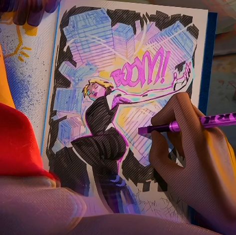 Miles Morales Sketchbook Gwen, Spider Man Spiderverse Concept Art, Spider Man Across The Spider Verse Art, Spider Man Graffiti, Spider Verse Art Style, Miles Morales Sketchbook, Miles Sketchbook, Gwen Stacy Drawing, Miles Morales Icon