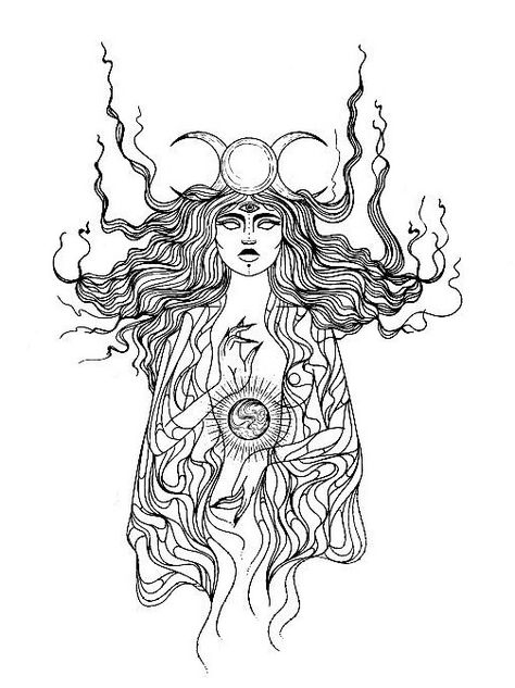 Hekate Coloring Pages, Hekate Key Tattoo, Hekate Drawing, Sorceress Tattoo, Circe Goddess Tattoo, Selene Goddess Of The Moon Tattoo, Witchy Tattoo Ideas Goddesses, Nyx Goddess Tattoo, Wild Woman Tattoo