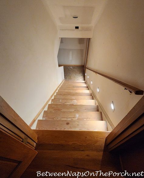 Staircase Going Down To Basement, Lights Going Up Stairs Staircases, Adding A Staircase To Attic, Basement Staircase Lighting, Stairwell Lighting Ideas Stairways, Staircase Makeover Basement, Basement Stair Colors, How To Finish Stairs Basements, Basement Stair Lights