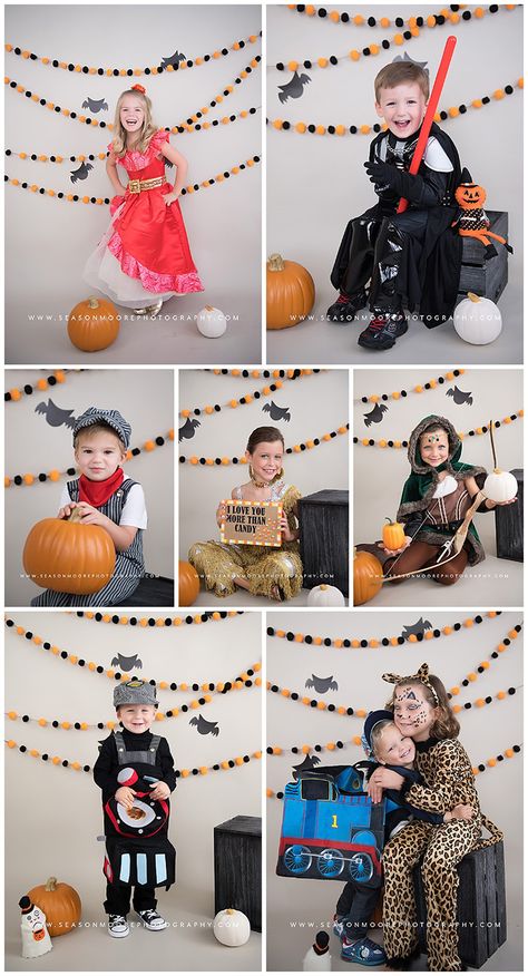 Trick Or Treat Photography, Halloween Costume Mini Session, Trick Or Treat Photoshoot, Halloween Mini Session Studio, Kids Halloween Pictures, Kids Halloween Photoshoot Ideas, Set Halloween Fotografia, Halloween Photoshoot Kids, Halloween Studio Photoshoot