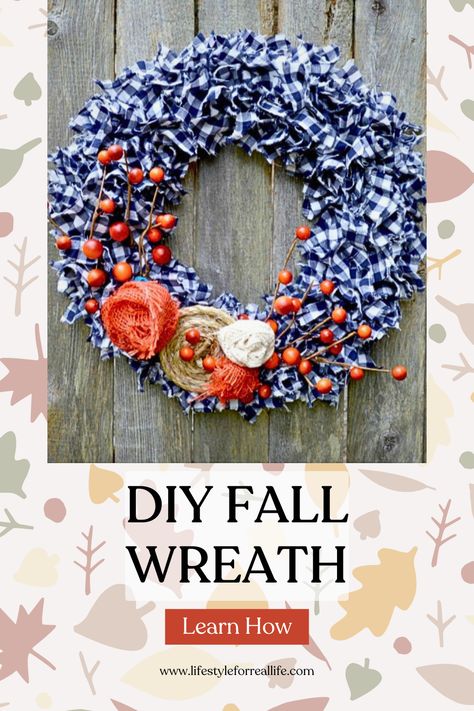 Learn how to create this simple and beautiful DIY Fall wreath using just a few materials! This step-by-step guide will help you craft the perfect autumn decor for your home. With a cozy blend of navy plaid fabric, vibrant orange accents, and rustic touches, this wreath is a must-have for your front door this season. Click to discover how to make your own! Fabric Wreaths Diy, Simple Fall Wreath, Fall Wreath Tutorial, Fabric Wreath, Diy Fall Wreath, Fall Door, Wreath Tutorial, Orange Accents, Fall Fabric