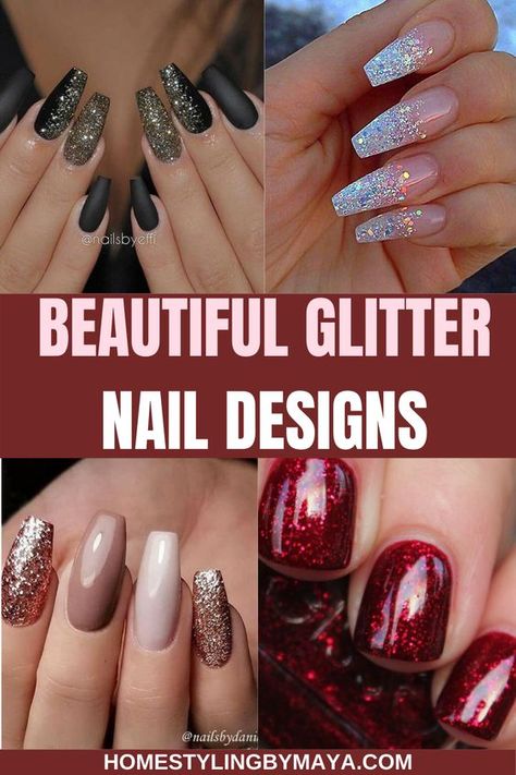 Nail Color For New Years Eve, French Nail Ideas Sparkle, Sparkle Dip Nails Ideas, Nails Design For New Years, Christmas Nail Glitter Designs, Dip Nail Ideas New Years, Glitter Design Nails Acrylic, Gel Nails Ideas Sparkle Glitter, Vegas Nail Ideas Sparkle