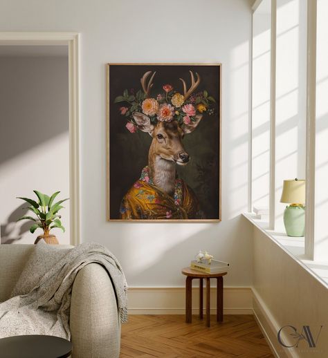 Deer Maximalist Eclectic Animal Portrait Print Funky Animal Poster Decor Colorful Altered Painting Large Wall Art Canvas #2247 Maximalist Eclectic, Large Wall Art Canvas, Animal Poster, Poster Decor, Large Canvas Wall Art, Animal Posters, Aesthetic Room Decor, Aesthetic Room, Wall Art Canvas