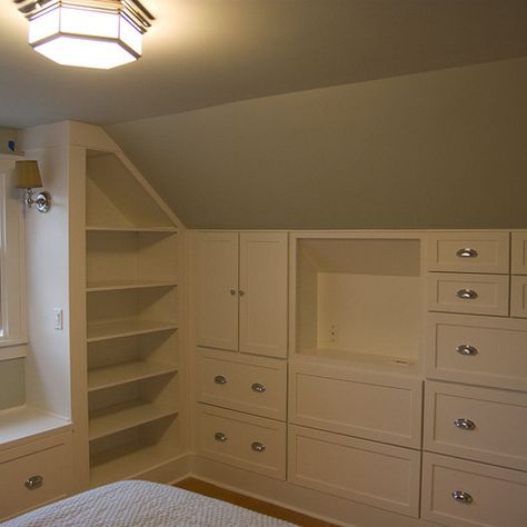 Cape Cod Bedroom Design Ideas, Pictures, Remodel, and Decor - This would be a great idea for craft room storage. Cape Cod Bedroom, Attic Design Ideas, Attic Closet, Attic Conversion, Attic Bathroom, Attic Design, Attic Bedrooms, Attic Storage, Attic Renovation