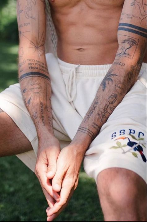 Men’s Arm Tattoos Small, Tattoo Placement Ideas Men Arm, Small Tattoos Sleeve Man, Classy Men Tattoos, Simple Full Arm Tattoo, Bohemian Tattoo Men, Fine Tattoo Men, Patchwork Sleeve Men Tattoo, Cute Tattoos Men