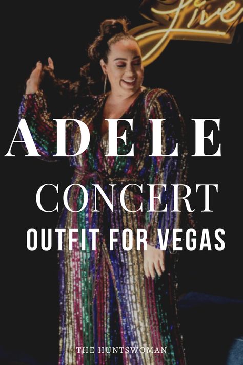 Woman in sparkly sequin jumpsuit posingg with a long ponytail.  Text on image reads "Adele concert outfit for vegas" Adele Vegas Outfit, Concert Vegas Outfit, Vegas Concert Outfit Plus Size, Las Vegas Outfit Curvy, Vegas Plus Size Outfits, Vegas Concert Outfit Ideas Summer, Concert Jumpsuit Outfit, Adele Outfits Concert, Adele Concert Outfit Ideas Vegas