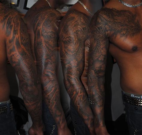 Dark Skin Sleeve Tattoo, Darker Skin Tattoos, Black Man Tattoo Sleeve, Tattoos On Dark Skin Black Men, Chest And Arm Tattoo Men, Dark Skin Men With Tattoos, Black People Tattoos Dark Skin, Colored Tattoos On Dark Skin, Arm Tats Men