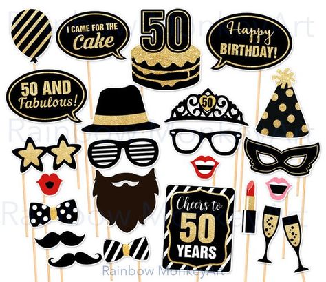 Printable 50th Birthday Photo Booth Party Props - Set of 33 props ★ This listing is for a DIGITAL INSTANT DOWNLOAD FILE only. No physical items will be shipped ★ Funny and colorful unique props for your 50th Birthday Party! This listing is for a printable photo prop set, a great 50th Birthday Photo Booth Props, 30th Birthday Photobooth Props, 50th Birthday Photo Collage, 50th Photo Booth Frame, 40th Birthday Photobooth Props, Golden Anniversary Party, Photo Booth Party, Printable Photo Booth Props, Photo Booth Props Birthday