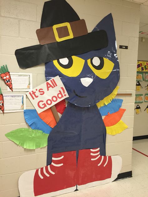 Thanksgiving school door decorating, Pete the Cat, turkey, pilgrim                                                                                                                                                                                 More Thanksgiving Door Decorations Classroom, Thanksgiving Door Decorations, Preschool Classroom Themes, Thanksgiving Centers, Halloween Classroom Door, Disney Sleeve Tattoos, October Fest, Thanksgiving School, Pete The Cats