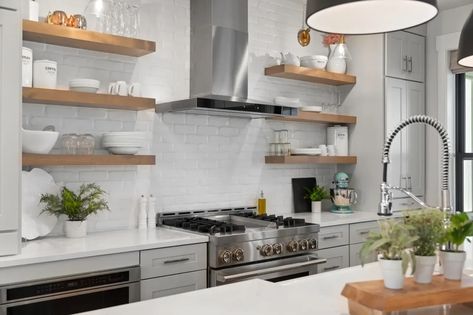 Shelf Life: Tips for Open Shelf Styling Open Shelf Styling, Kitchen With Open Shelves, Counter Top Decor, Green Kitchen Accessories, Kitchen Vent Hood, Natural Wood Kitchen, Reclaimed Wood Floating Shelves, Kitchen Vent, Floating Shelves Kitchen