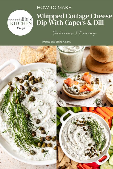 Image 1: Whipped cottage cheese in a bowl with capers and fresh dill
Image 2 (top right): whipped cottage cheese spread on a plain bagel topped with smoked salmon, capers and fresh dill
Image 3: Whipped cottage cheese in a bowl topped with capers and fresh dill surrounded by crackers and fresh vegetables. Whipped Cottage Cheese Dip, Cottage Cheese Dip, Fish Dip, Whipped Cottage Cheese, Elk Recipes, Cottage Cheese Dips, Dill Dip, Curb Cravings, Cheese Dip Recipes