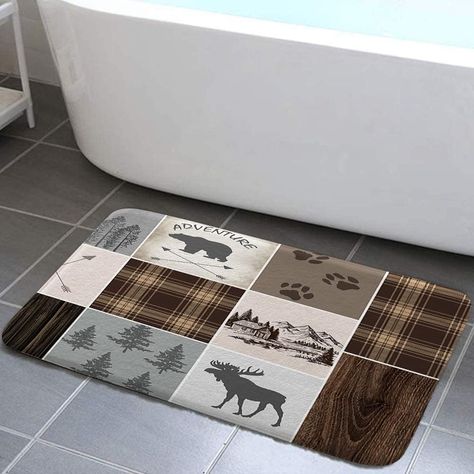 Cabin Rustic Bath Rugs for Bathroom, Bear Deer Country Hunting Wild Animal Lodge Plaid Check Adventure, Non Slip Flannel Bathroom Rug, Dry Fast Water Absorbent Bath Mats, 17x29 Inch #CommissionsEarned Mounted Tv Ideas Living Rooms, Forest Vintage, Rustic Bath, Cabin Rustic, Brown Flannel, Deer Forest, Cabin Bathrooms, Bathroom Rugs Bath Mats, Wood Bathroom