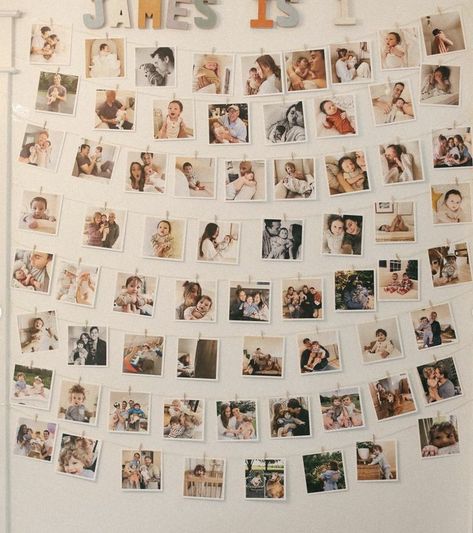 Hanging Photos For Birthday, Clothespin Picture Display, Hanging Photos Party Decor, Photos Hanging Ideas Birthday, Twine Photo Display, Picture Garland Photo Displays, Photos Hanging From Balloons, Memory Lane Photo Display, Photo Display Ideas For Party