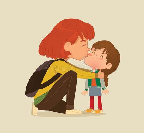 Illustration of a Mother Gives a Goodbye Kiss to her daughter. Mum Gives Kiss to #Sponsored , #Affiliate, #Ad, #Mother, #Mum, #daughter, #Illustration Intention Board, Kiss Illustration, School Vector, Pink Blood, Preschool Girl, School Illustration, Pumpkin Vector, Emoji Love, Line Art Vector