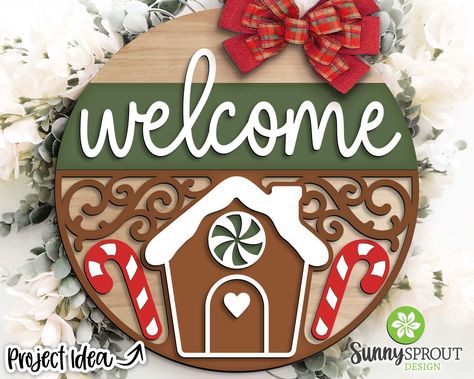 Welcome Gingerbread House Sign, DIGITAL, Round door hanger svg, Glowforge laser cut file, Cricut, Christmas decor files, Christmas sign svg Christmas Signs On Wood, Cricut Christmas Decor, Laser Cut Signs, Sell Embroidery, Laser Signs, Christmas Sign Svg, Door Hanger Svg, Round Door Hanger, Wood Art Projects