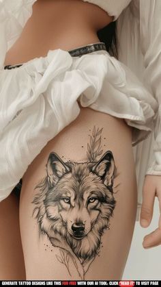 Wolf Tattoo With Trees, Wolf Tattoo On Thigh, Wolf Shoulder Tattoo, Fine Line Wolf Tattoo, Tattoo Designs Wolf, Wolf Tattoo For Women, Watercolor Wolf Tattoo, Wolf Tattoos For Women, Wolf Tattoo Ideas