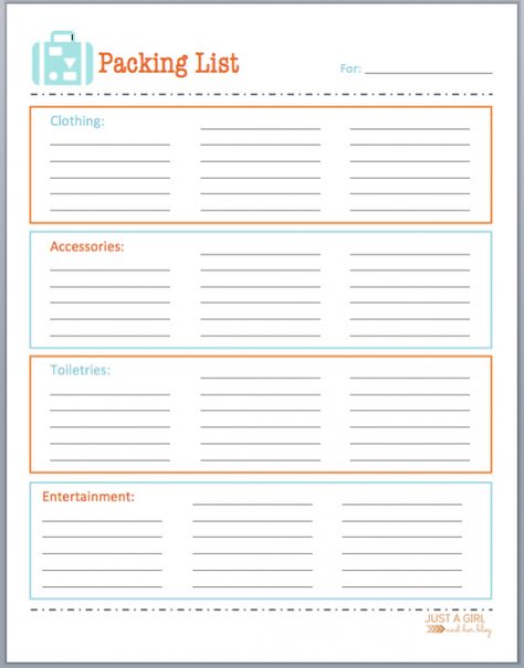 Free Printable Packing List by Just a Girl and Her Blog Colorful Organization, Vacation Template, Free Printable Packing List, Travel Packing List Printable, Packing List Template, Holiday Packing Lists, Printable Packing List, Camping Packing List, Jeep Camping