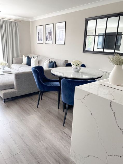 Black White Gray Navy Living Room, Grey And Blue Apartment Decor, Apartment Decorating Blue And Gray, Grey And Blue Dining Room, Navy Apartment Decor, Navy Blue Apartment Decor, Living Room Grey And Blue, White And Blue Dining Room, Apartment Living Room Blue