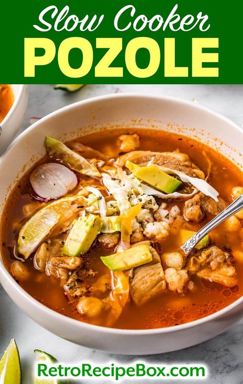 Slow Cooker Pozole is rich pozole with a rich broth made with chilis, this is made simpler with a delicious enchilada sauce. You will be sure to please your family with the flavorful Posole soup full of tender pork and hominy. retrorecipebox.com hominy recipe, Mexican soup recipe, pork stew Crockpot Posole Pork Slow Cooker, Crockpot Pazole Recipe, Pork Crockpot Soup Recipes, Pasole Recipe Crockpot Mexican Posole, Pazole Soup Mexican Posole Pork Crockpot, Slow Cooker Pork Posole, Mexican Pazole Soup, Slow Cooker Posole Pork, Pozole Slow Cooker Recipe