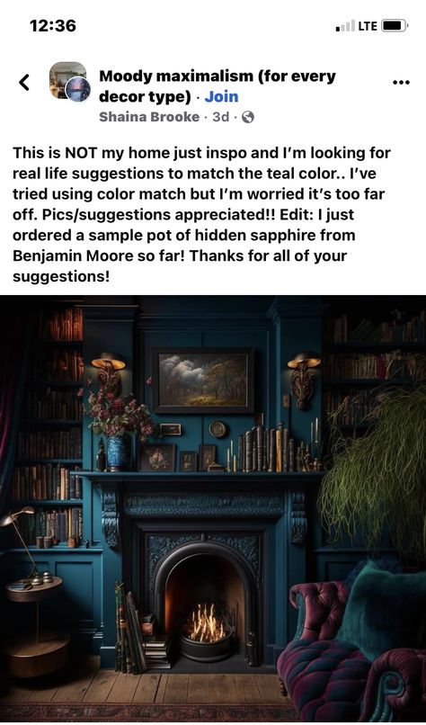 Outlander Blue Room, Dark Teal Library, Blue Victorian Bedroom, Dark Moody Living Room, Gothic Bedrooms, Library Room Design, Dark Academia Living Room, Dark Blue Rooms, Woodland Room