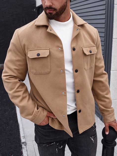 Khaki Casual Collar Long Sleeve Woven Fabric Plain Regular Embellished Non-Stretch  Men Clothing Men’s Shacket, Quilted Vest Outfit, Mens Outfits Streetwear, Corporate Casual, Man's Overcoat, Outfit Korean Style, Guys Clothing Styles, Jacket Fits, Winter Outfits Men