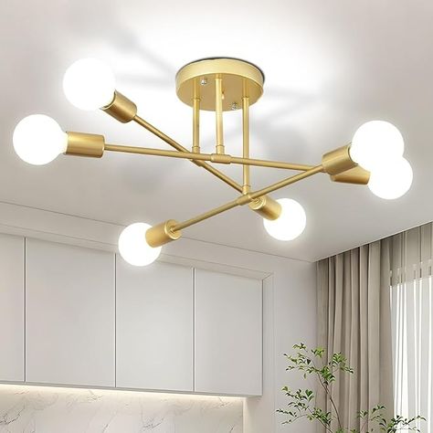 SPOLI Ceiling Light Modern Flush Mount LED Ceiling Light Fixture 6-Light Gold Chandeliers Ceiling Lamp for Living Room Dining Room Bedroom Kitchen Hallway Porch Attic Corridor Staircase - Amazon.com Lampu Siling, Minimalist Ceiling Light, Sputnik Lamp, Buffet Decor, Dining Room Ceiling, Sputnik Chandelier, Modern Light Fixtures, Ceiling Chandelier, Ceiling Decor