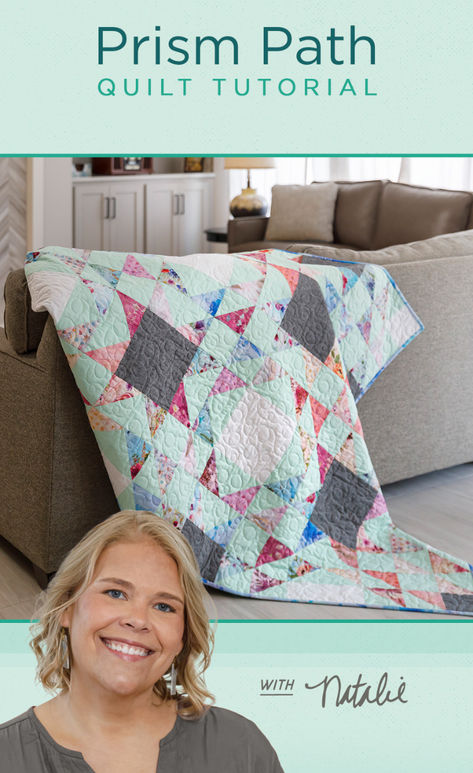 Save this Free 10 Inch Layer Cake Squares Prism Path Quilt Tutorial! Natalie is making a geometric showstopper with precut layer cake squares and Julep, Kona Cotton's 2024 Color of the Year. Layer Cake Star Quilt Pattern, Missouri Star Quilt Company Tutorials Layer Cakes, Layer Cake Quilt Ideas, Easy Layer Cake Quilt Patterns Free, Missouri Star Quilt Pattern, Misty Garden, Precut Quilt Patterns, Msqc Tutorials, Missouri Quilt Tutorials