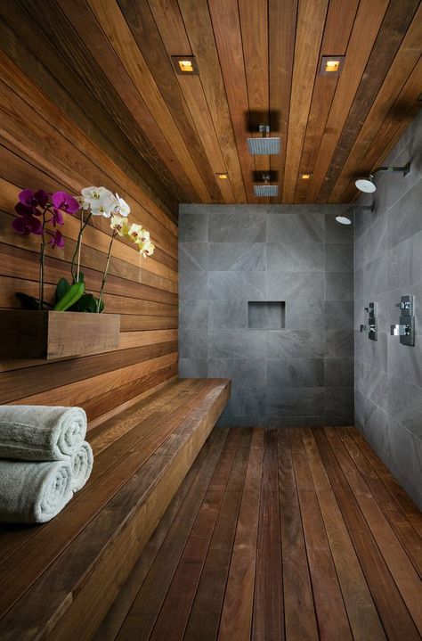 Wood Floor Inspiration, Basement Sauna, Sauna Bathroom Design, Sauna A Vapor, Sauna Shower, Wood Sauna, Wood Spa, Home Spa Room, Indoor Outdoor Bathroom