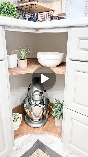 Rita Stapleton | DIY Enthusiast on Instagram: "I converted one of my lazy susan cabinets into these open shelves because it is way more functional for me.  Are you team open shelf or do you like the spinning Lazy Susan to hide things in?   #openshelving #diyprojects #diyhomerenovation #diylookforless #kitchenshelves #cornercabinet #cornershelves #staining #edgebanding #budgetdiy" Open Lazy Susan Cabinet Ideas, Lazy Susan Door Ideas, Convert Lazy Susan To Shelves, Tall Lazy Susan Pantry, Repurpose Lazy Susan Cabinet, Lazy Susan Remodel, Replace Lazy Susan Cabinet, Lazy Susan Cabinet Ideas, Diy Lazy Susan Cabinet