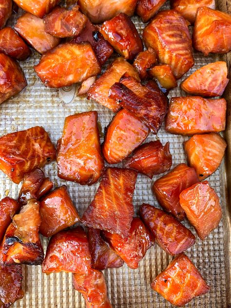 Candied Smoked Salmon Bites Treager Seafood Recipes, Meat Grilling Recipes, Candy Smoked Salmon Recipe, Candy Salmon Smoked, Indian Candy Smoked Salmon, Smoked Meats Recipes Smokers, Smoked Fall Recipes, Salmon Tails Recipe, Trager Smoker Salmon