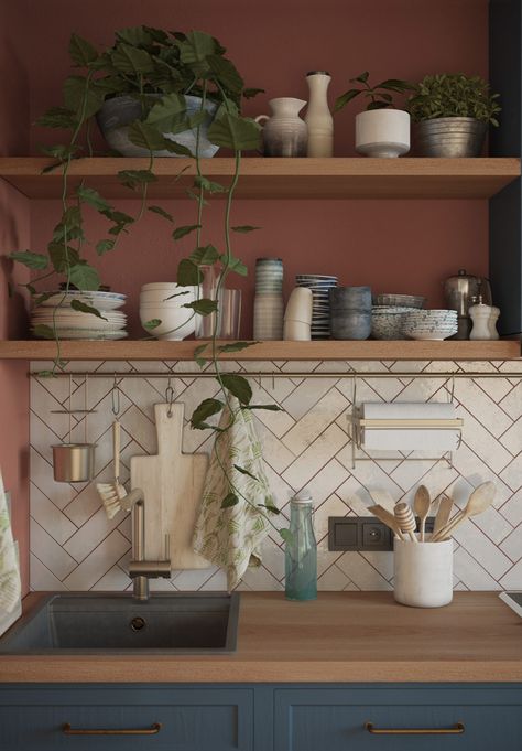 Dark And Moody Small Space, Kitchen With Floating Wood Shelves Modern, Small Dining Room Inspiration Cozy, No Cupboards In Kitchen, Kitchen Ideas Countertops, Boho Apartments, Boho Interiors, Bohol, Boho Kitchen