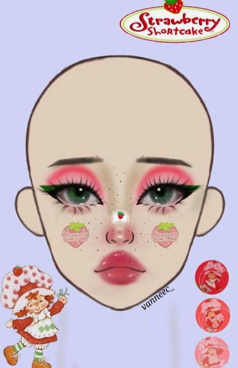 Strawberry Shortcake Eye Makeup, Strawberry Shortcake Costume Makeup, Strawberry Shortcake Makeup Ideas, Strawberry Shortcake Makeup Halloween, Strawberry Themed Makeup, Strawberry Makeup Look Aesthetic, Strawberry Eyeliner, Strawberry Makeup Aesthetic, Pre Shower Makeup Ideas