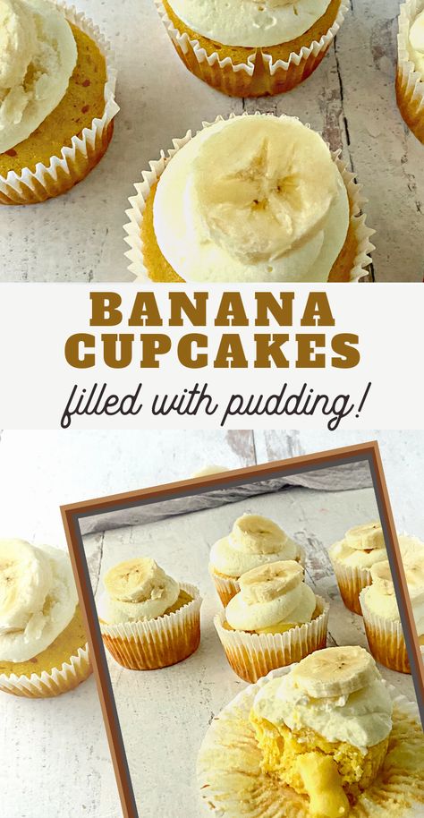 This Banana Cream Pie Cupcakes Recipe is so good! Soft, delicious, and filled with a tasty surprise! Banana Marshmallow, Banana Cream Pie Cupcakes, Cream Pie Cupcakes, Cream Filled Cupcakes, Espresso Cupcakes, Cake Mix Cupcakes, Baking Treats, Pie Cupcakes, Hello Cupcake