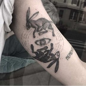 Occult Cat Tattoo, Trippy Rabbit Tattoo, Spooky Bunny Tattoo, Rabbit Arm Tattoo, Goth Rabbit Tattoo, Two Headed Rabbit Tattoo, Rabbit Skeleton Tattoo, Two Rabbits Tattoo, Deer Skeleton Tattoo