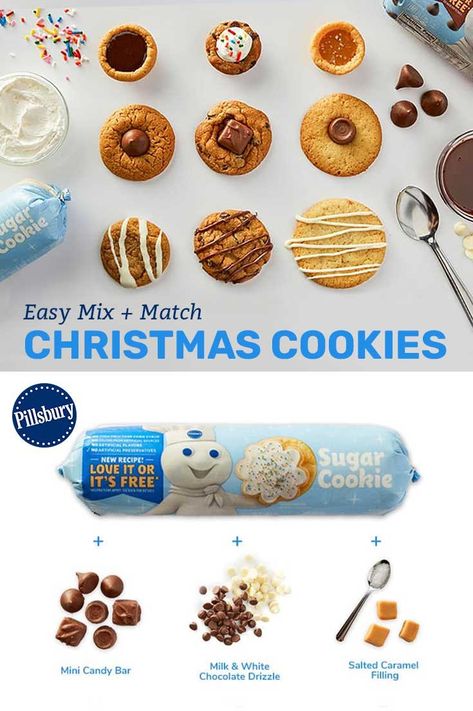 Christmas cookies don’t have to be complicated. We combined our favorite refrigerated cookie doughs with sweet mix-ins for 9 easy alternatives to the common cookie that taste as good as they look. Pillsbury Ready To Bake Cookies, Refrigerated Sugar Cookie Dough Recipes, Store Bought Cookie Dough Ideas, Pillsbury Cookie Dough Ideas, Store Bought Sugar Cookie Dough Hacks, Pillsbury Christmas Cookies Recipes, Refrigerated Cookie Dough Recipes, Semi Homemade Christmas Cookies, Pillsbury Cookies Christmas